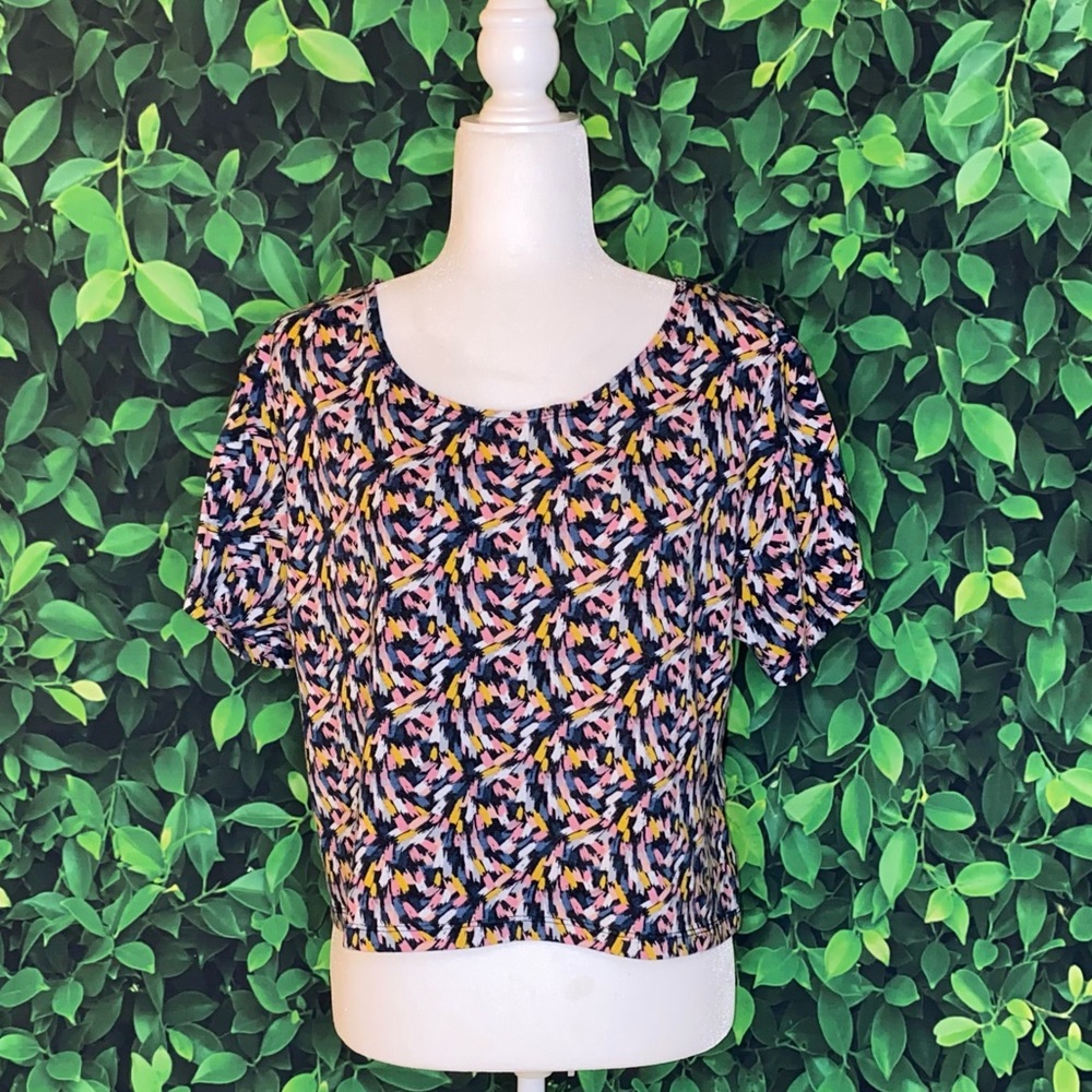 Material Girl Abstract Print Top with Sheer Polka Dot Cutout Back · Size M - Picture 2 of 5